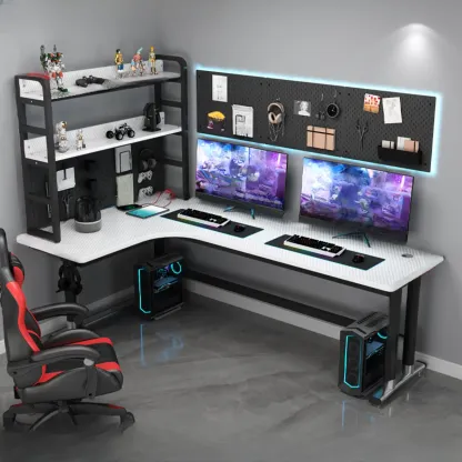 Modern White Wooden L-Shape Computer Desk with Metal Base & Hutch and Shelf  Image - 1