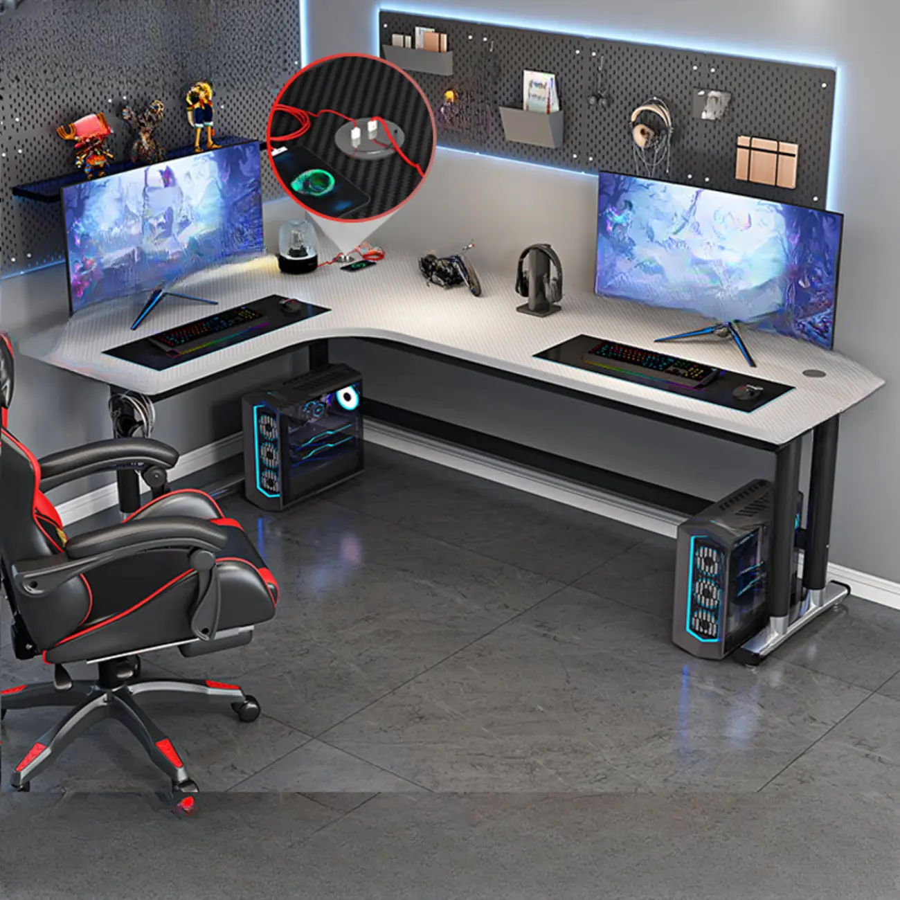 Modern White Wooden L-Shape Computer Desk with Metal Base & Hutch and Shelf  Image - 2 | homeyfad