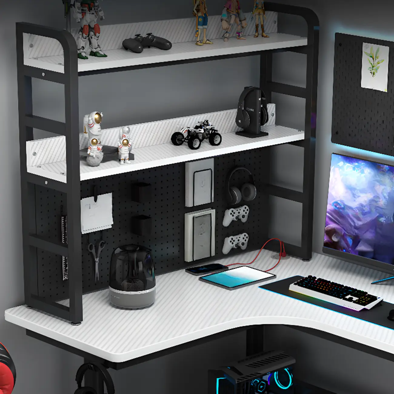 Modern White Wooden L-Shape Computer Desk with Metal Base & Hutch and Shelf  Image - 3 | homeyfad