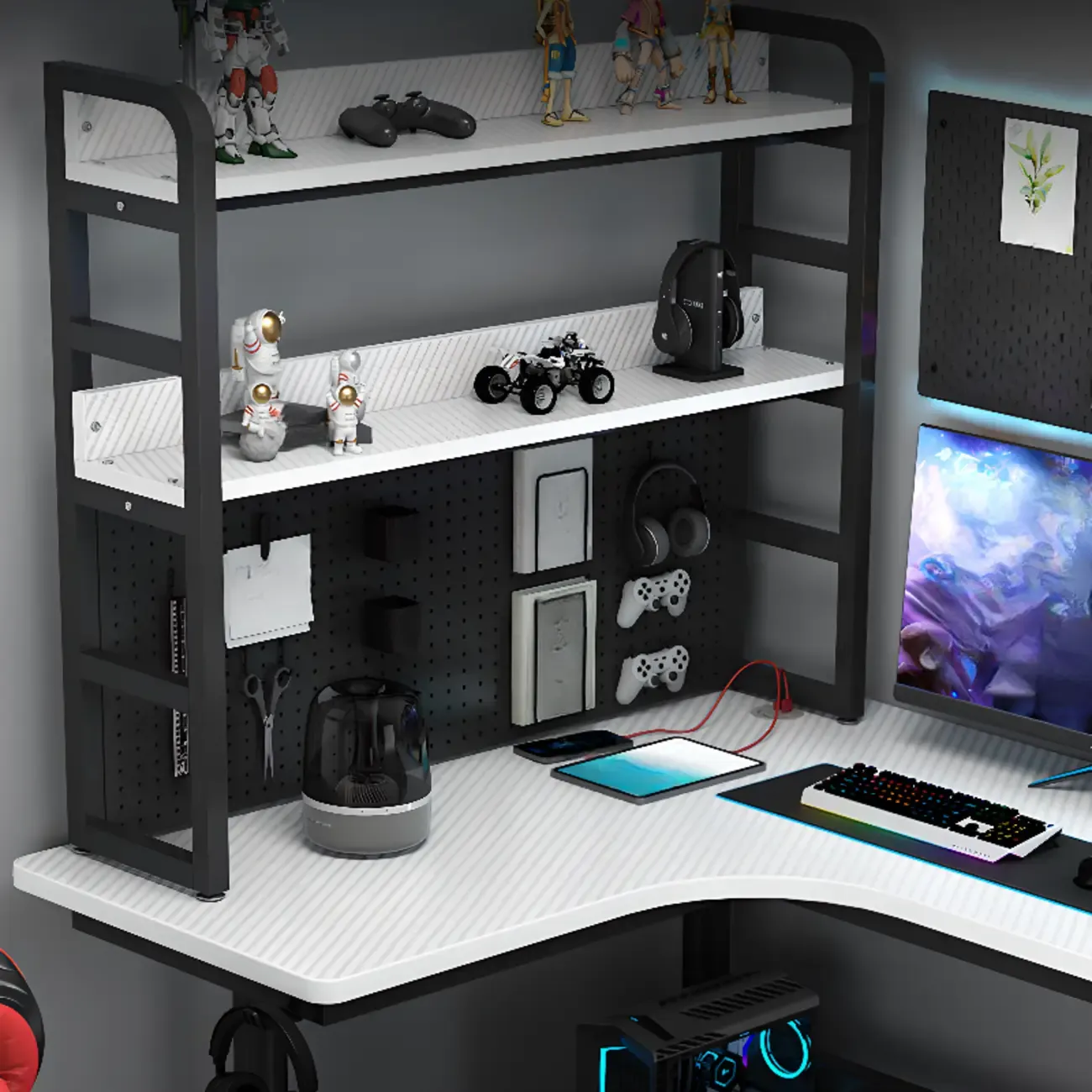 Modern White Wooden L-Shape Computer Desk with Metal Base & Hutch and Shelf  Image - 3