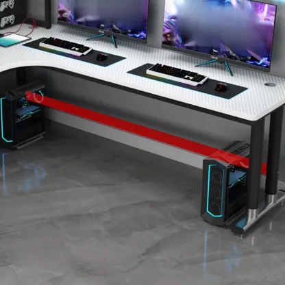 Modern White Wooden L-Shape Computer Desk with Metal Base & Hutch and Shelf  Image - 5