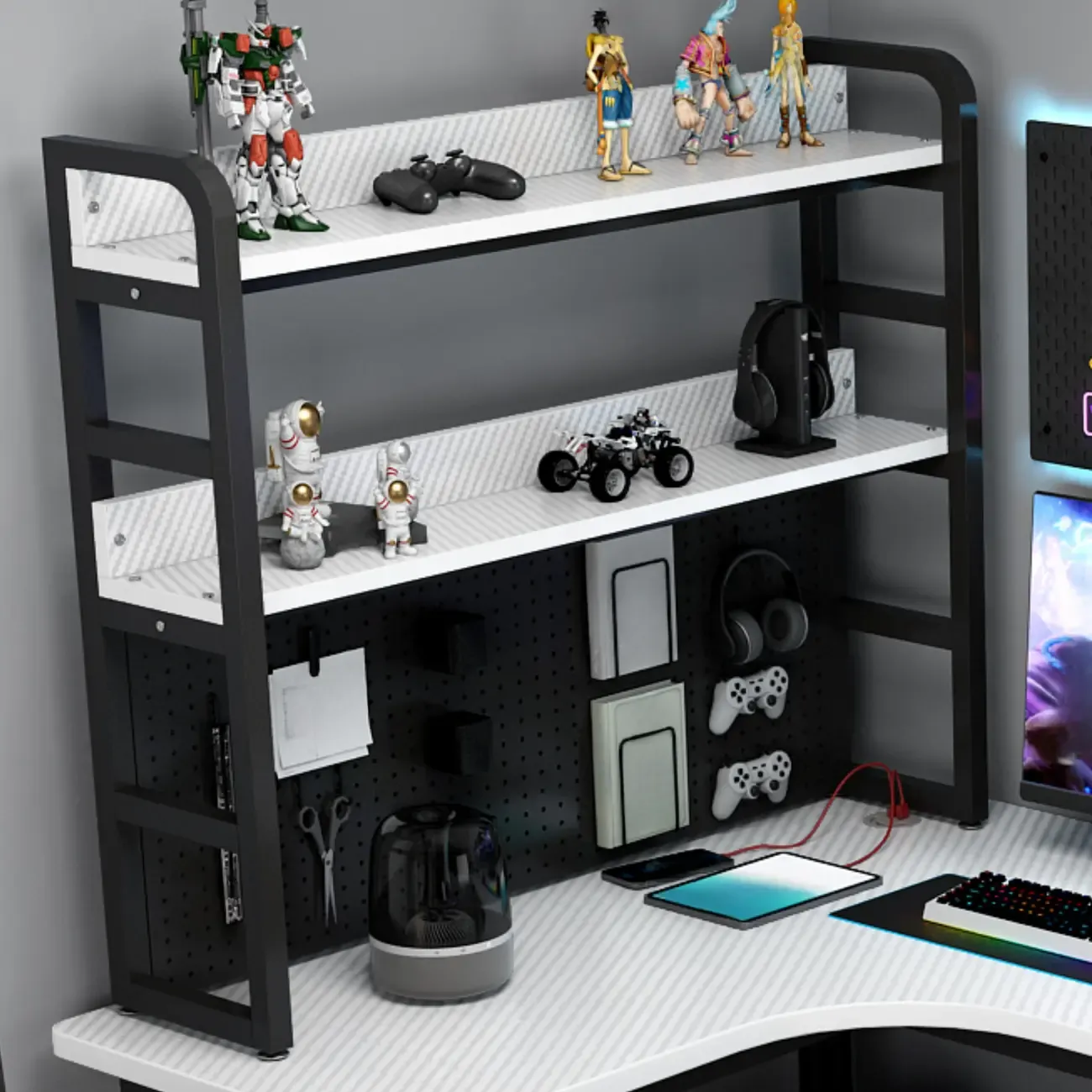 Modern White Wooden L-Shape Computer Desk with Metal Base & Hutch and Shelf Image - 6