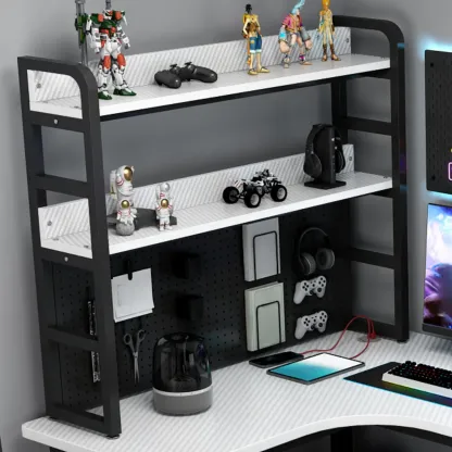 Modern White Wooden L-Shape Computer Desk with Metal Base & Hutch and Shelf  Image - 6