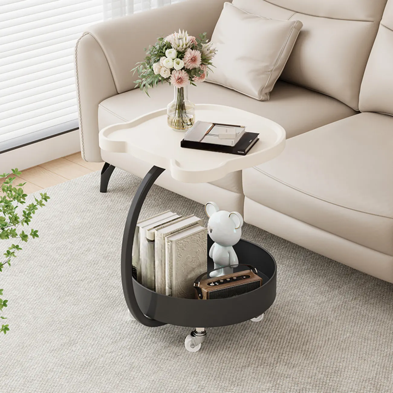 C Sofa Side End Tables with Wheels and Round Storage Shelves Image - 2 | homeyfad