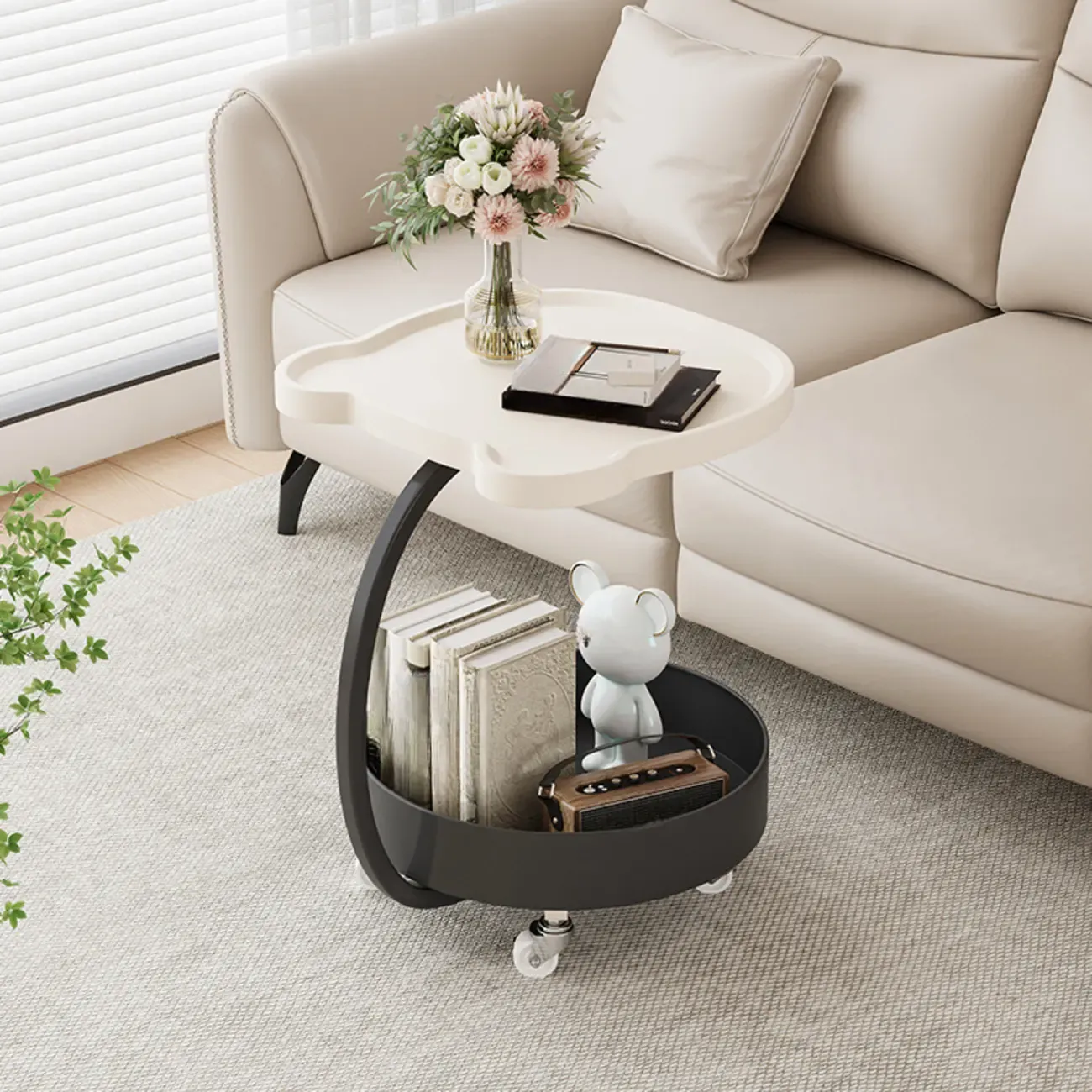 C Sofa Side End Tables with Wheels and Round Storage Shelves Image - 2