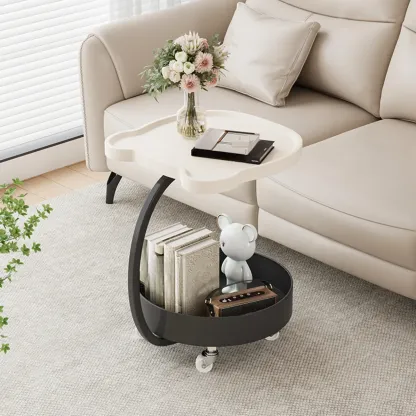 C Sofa Side End Tables with Wheels and Round Storage Shelves Image - 2