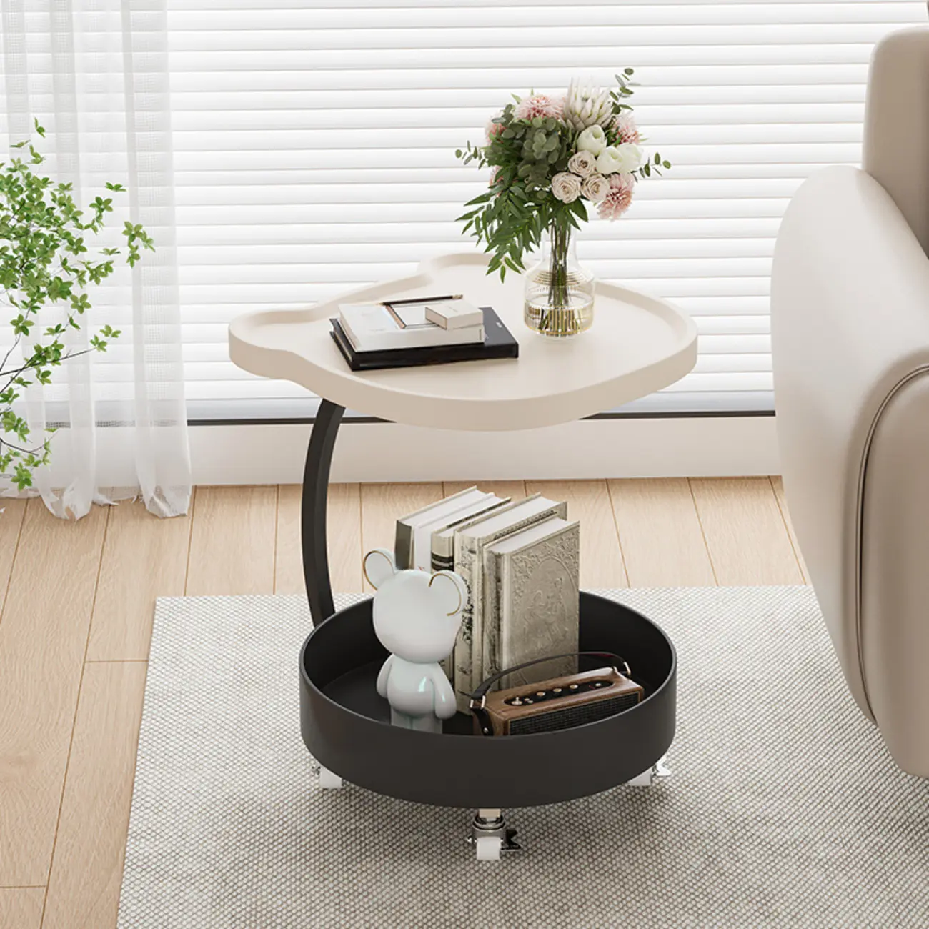 C Sofa Side End Tables with Wheels and Round Storage Shelves Image - 3 | homeyfad