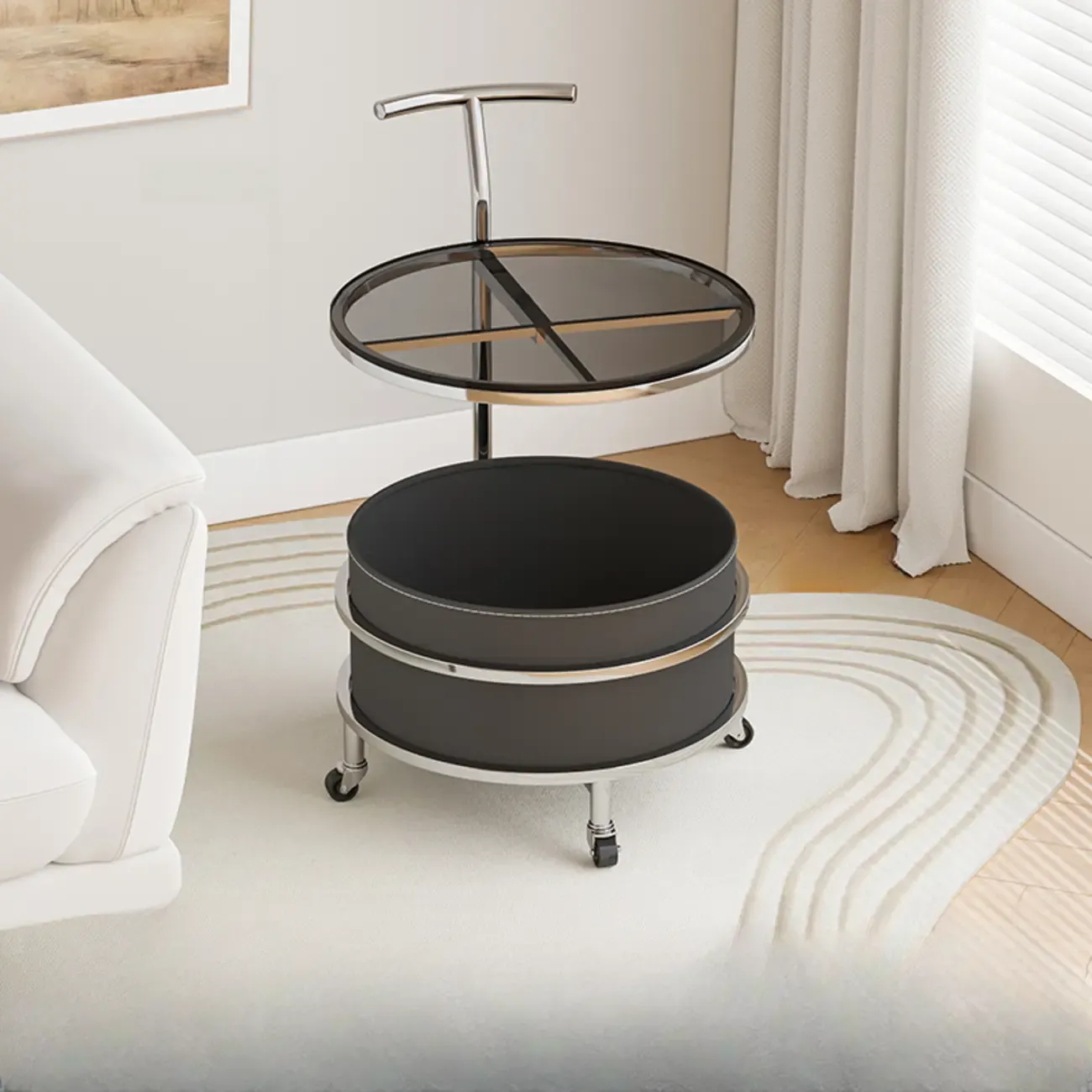 C Sofa Side End Tables with Wheels and Round Storage Shelves Image - 8