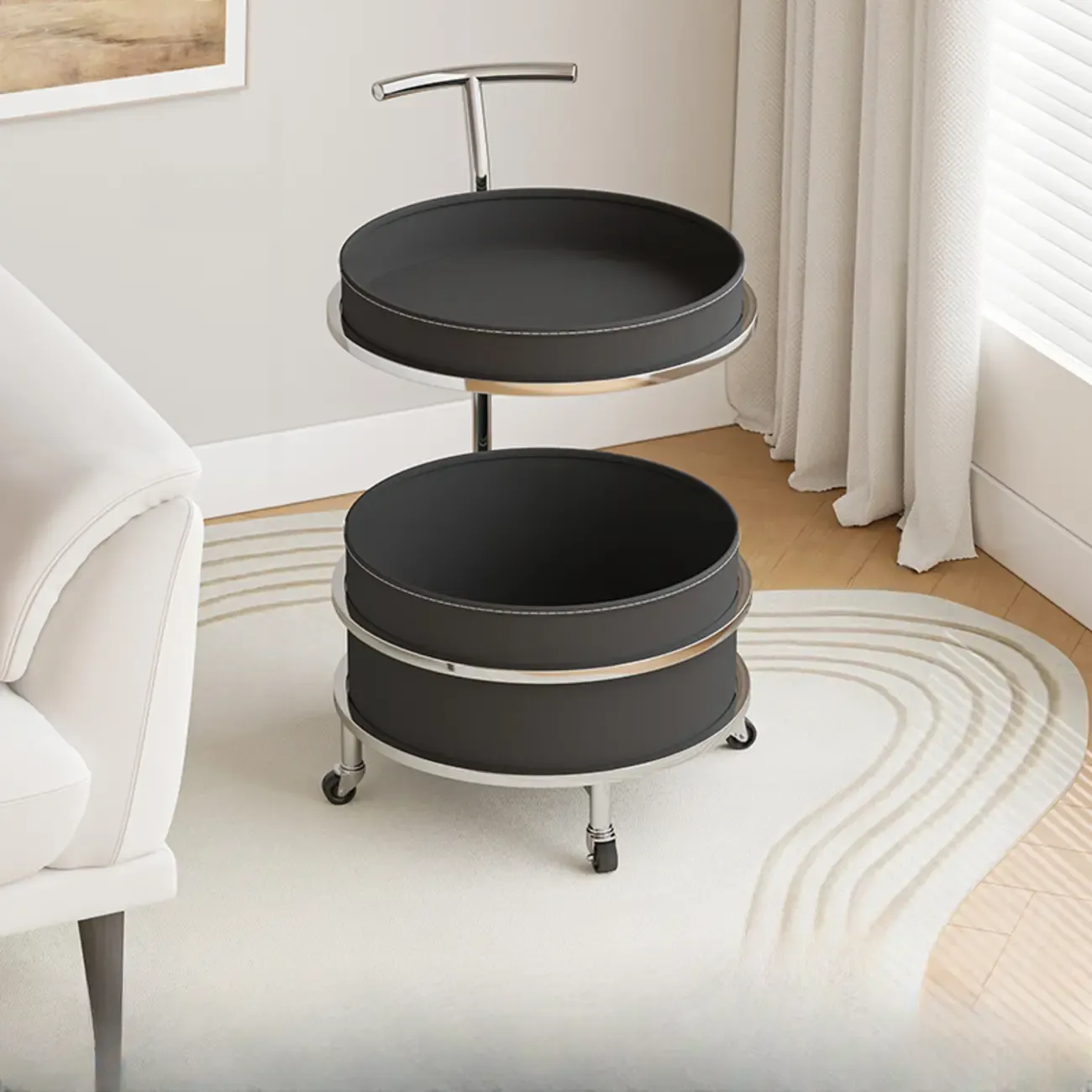C Sofa Side End Tables with Wheels and Round Storage Shelves Image - 9
