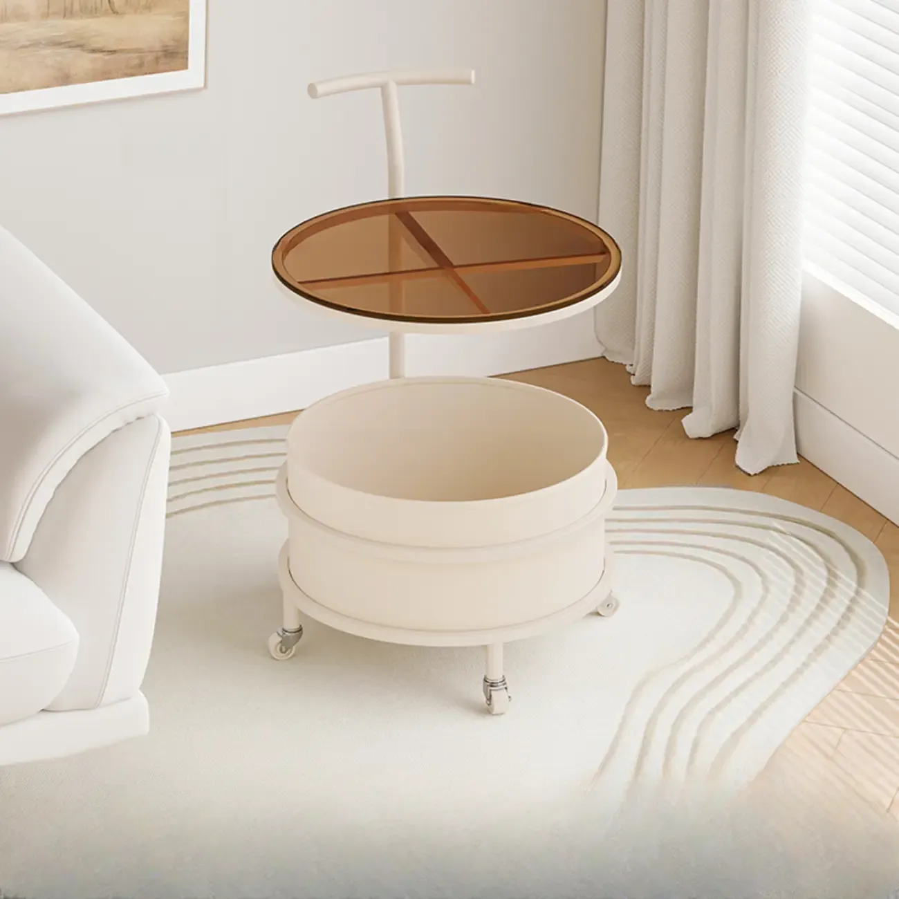 C Sofa Side End Tables with Wheels and Round Storage Shelves Image - 12