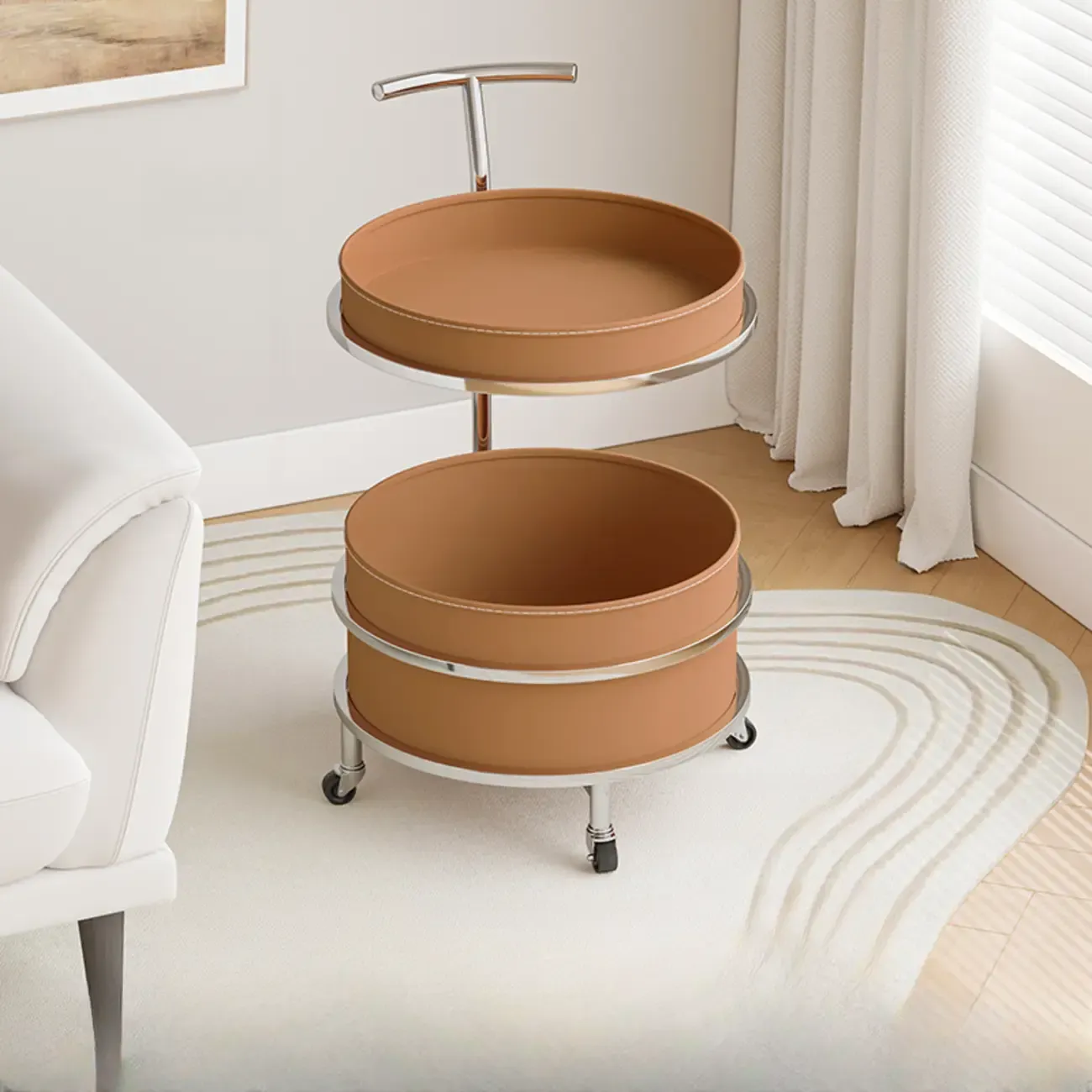 C Sofa Side End Tables with Wheels and Round Storage Shelves Image - 14