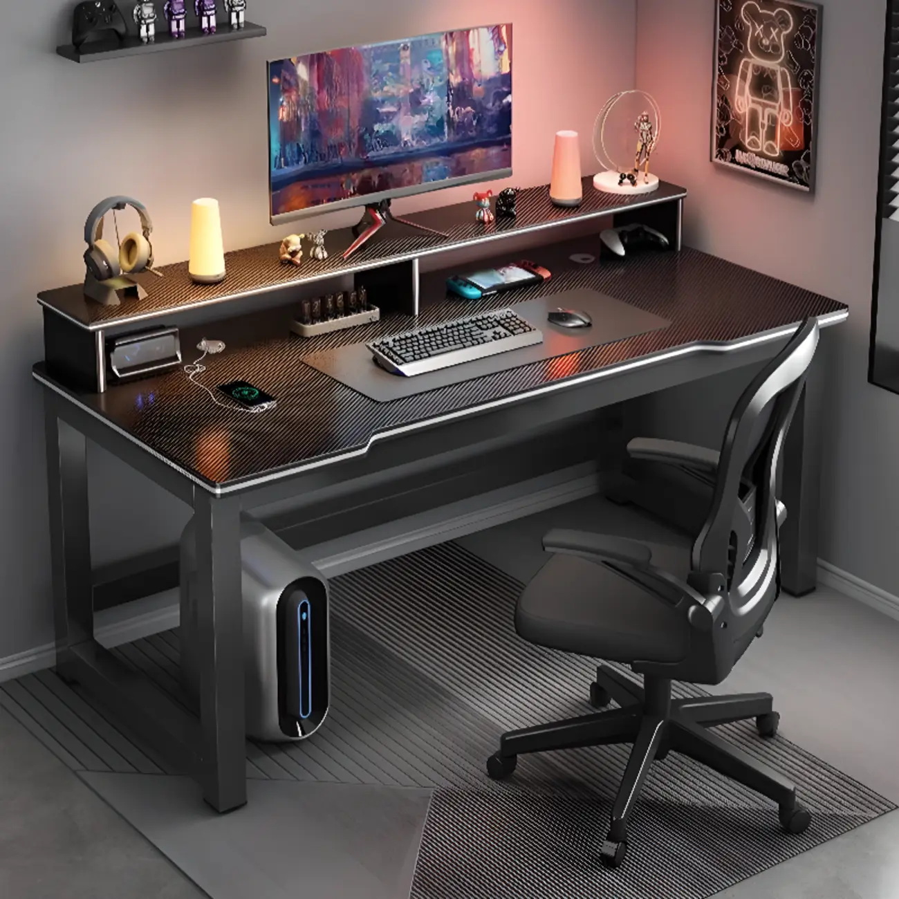 Modern Computer Desk with Shelves in Black & White  Image - 1 | homeyfad