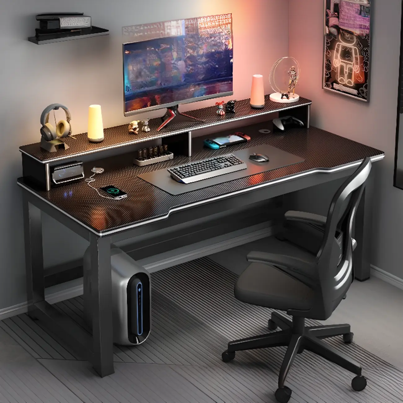 Modern Computer Desk with Shelves in Black & White  Image - 2 | homeyfad