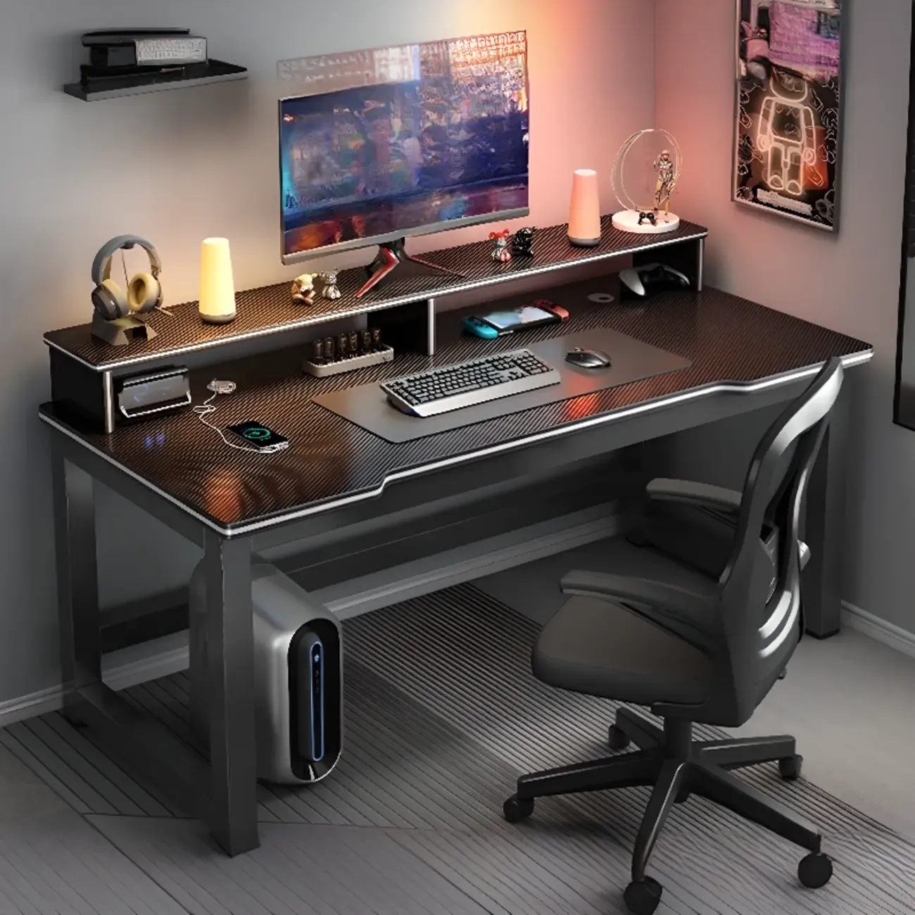 Modern Computer Desk with Shelves in Black & White Image - 2