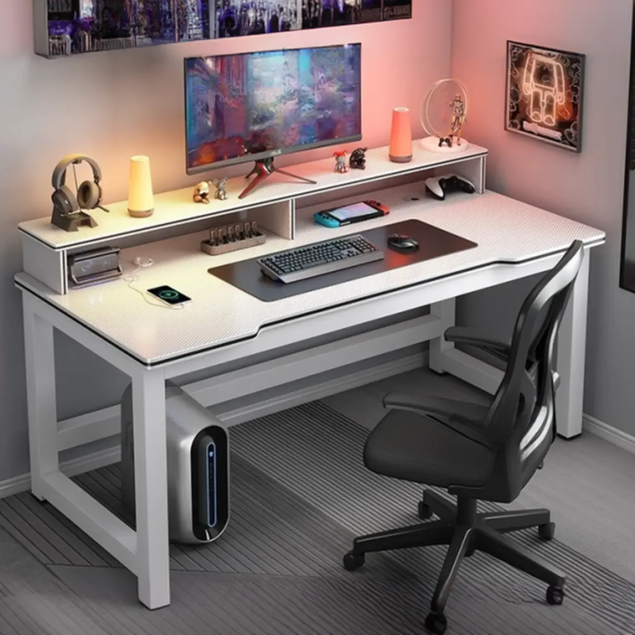 Modern Computer Desk with Shelves in Black & White  Image - 3