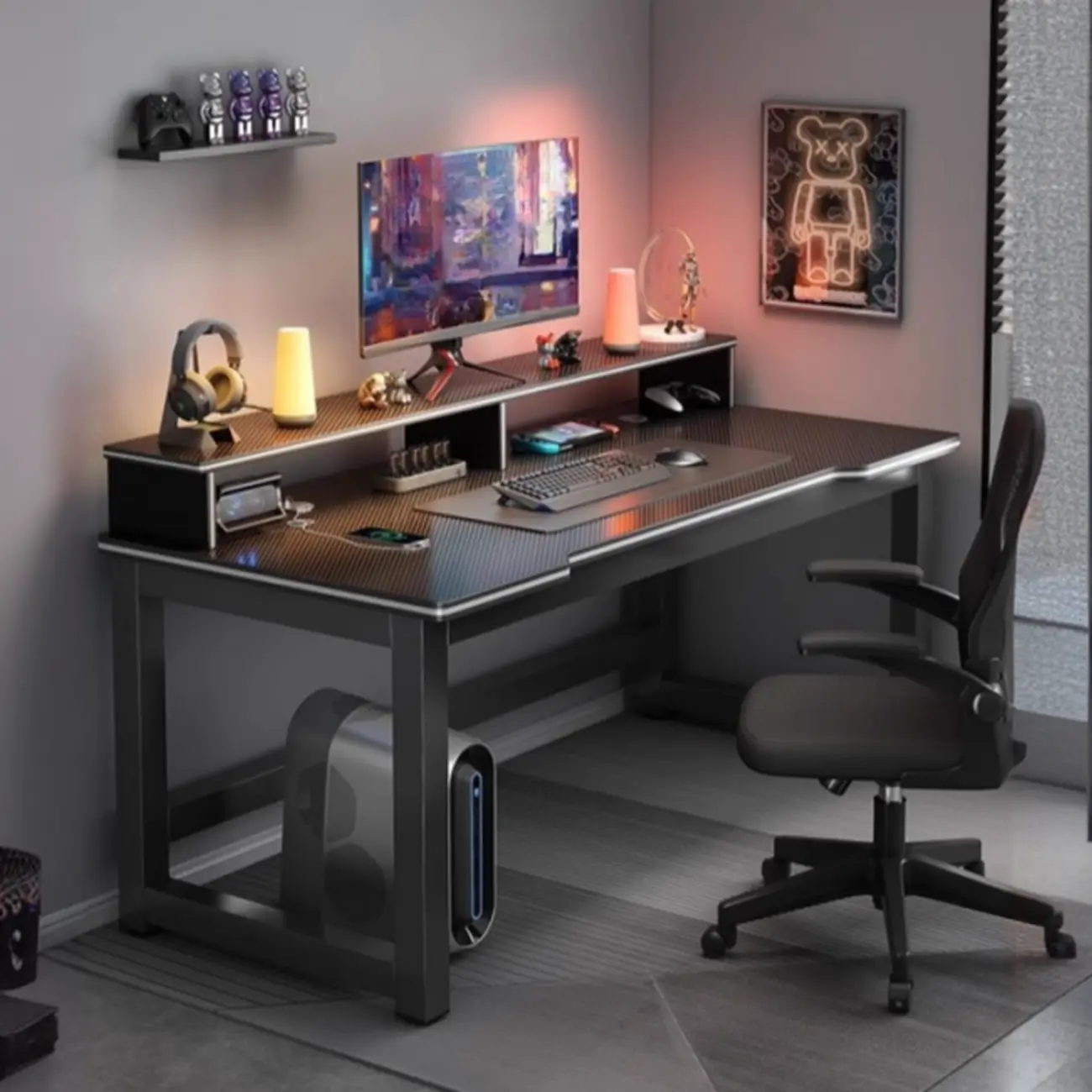 Modern Computer Desk with Shelves in Black & White  Image - 4 | homeyfad