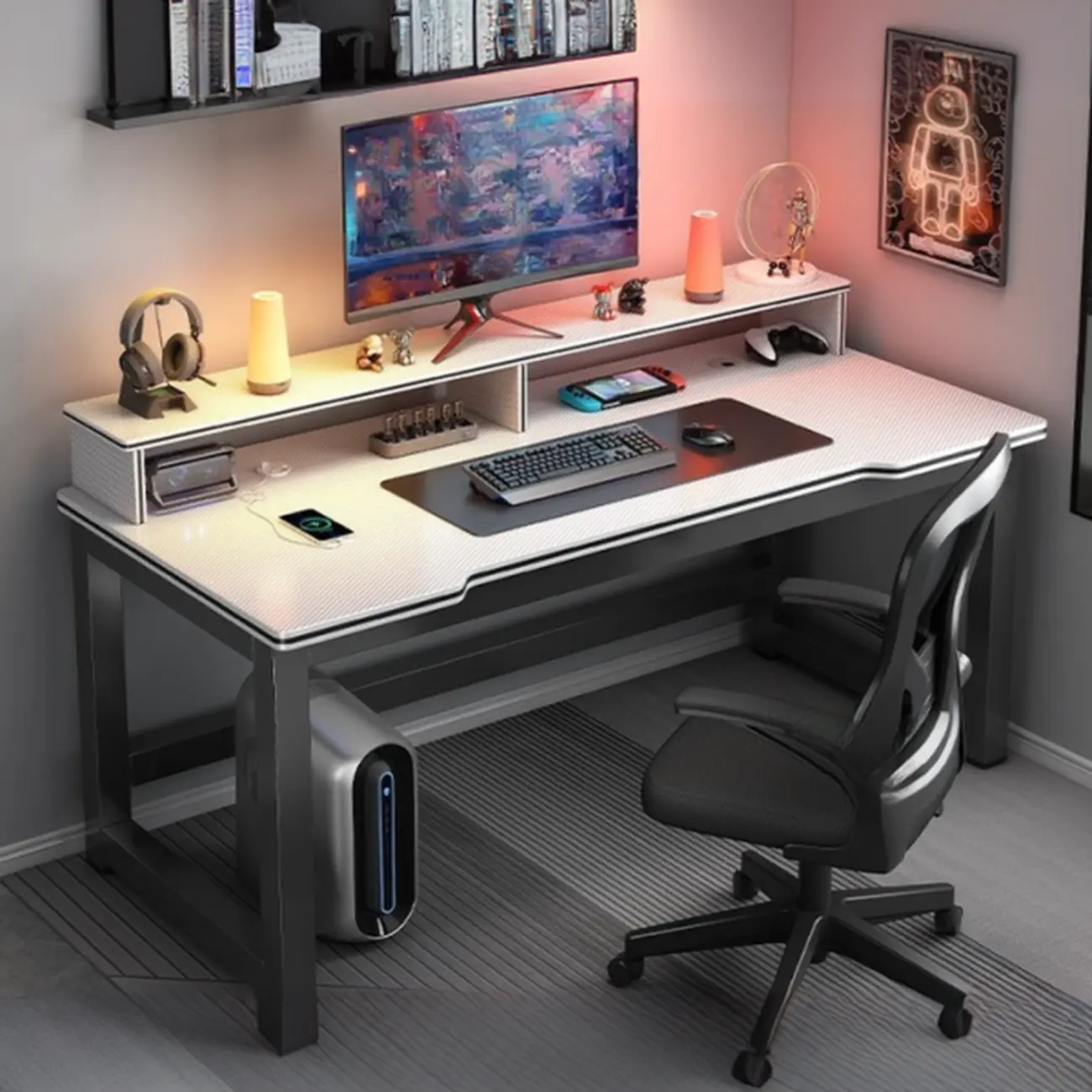 Modern Computer Desk with Shelves in Black & White  Image - 5 | homeyfad