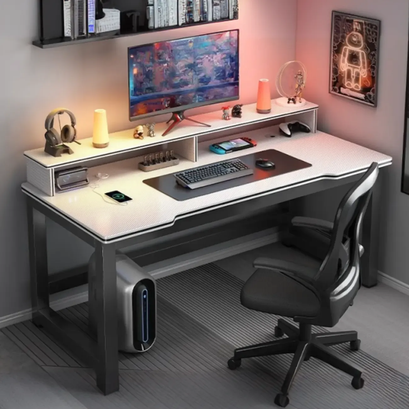 Modern Computer Desk with Shelves in Black & White Image - 5
