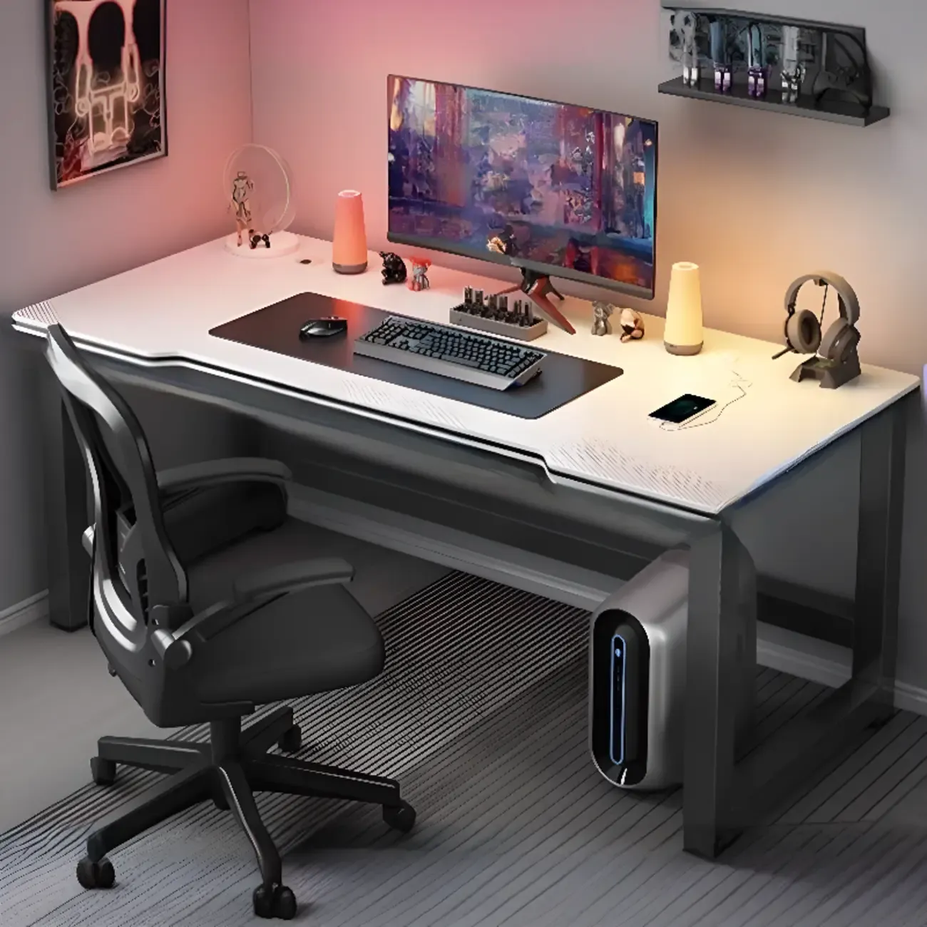 Modern Computer Desk with Shelves in Black & White Image - 6