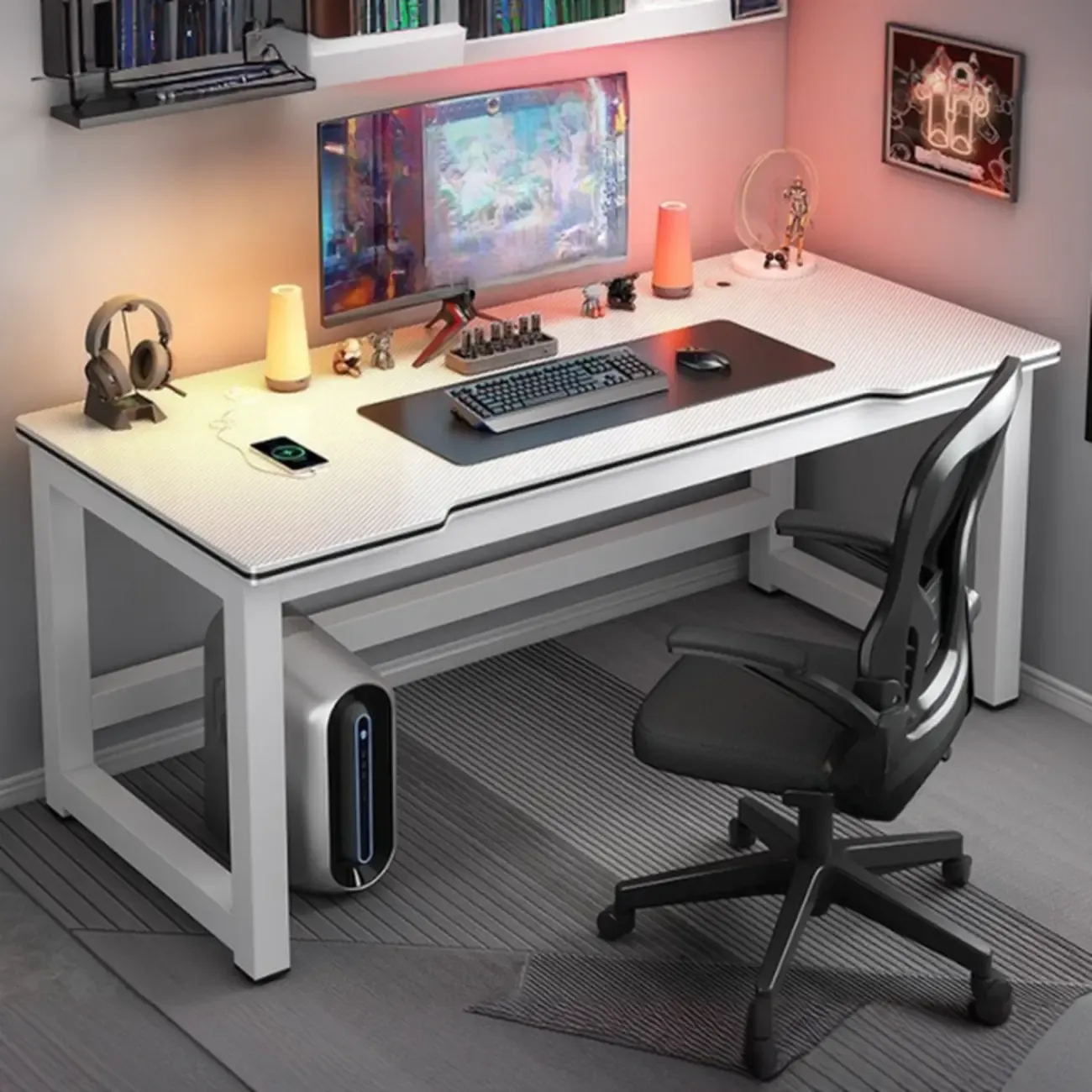 Modern Computer Desk with Shelves in Black & White Image - 9