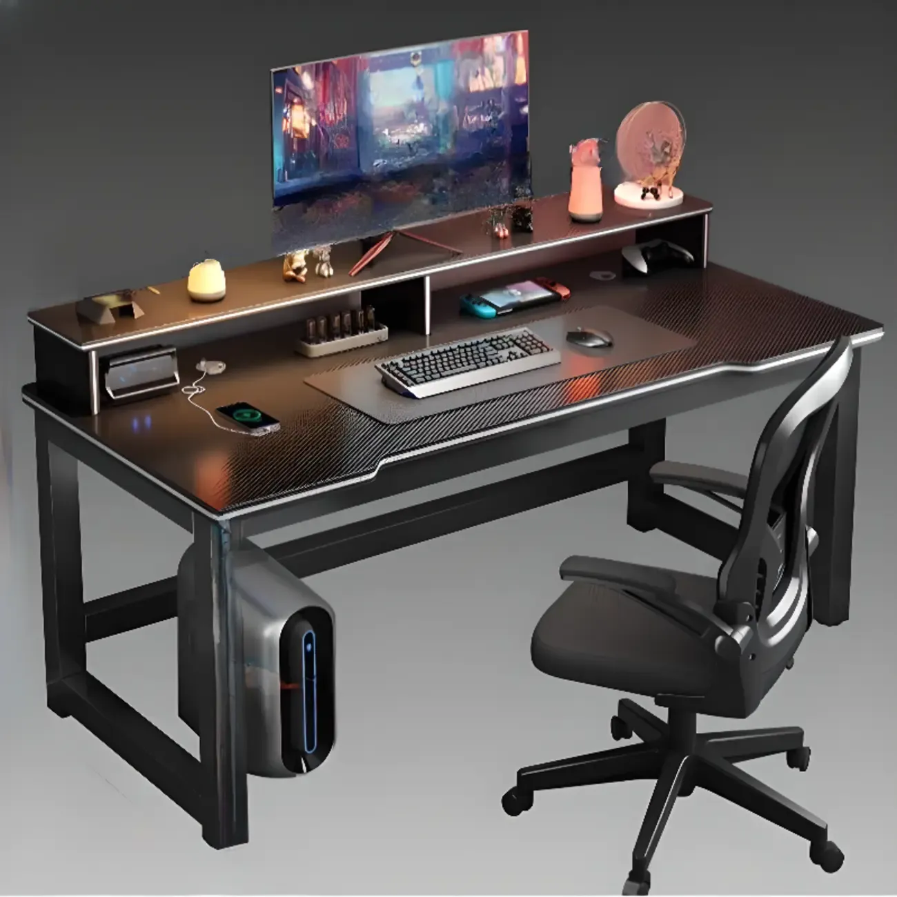 Modern Computer Desk with Shelves in Black & White Image - 10