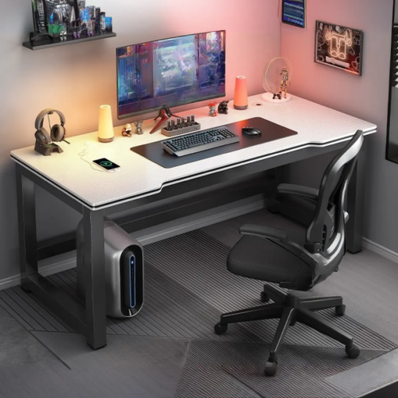 Modern Computer Desk with Shelves in Black & White  Image - 11 | homeyfad