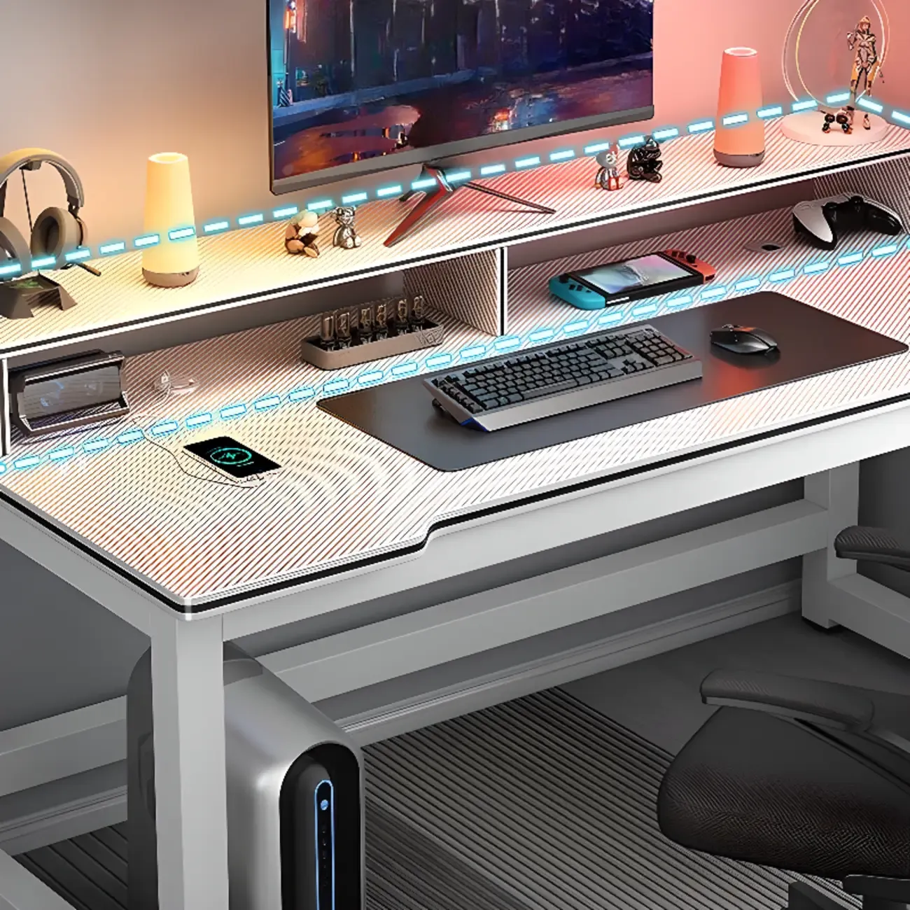 Modern Computer Desk with Shelves in Black & White Image - 12