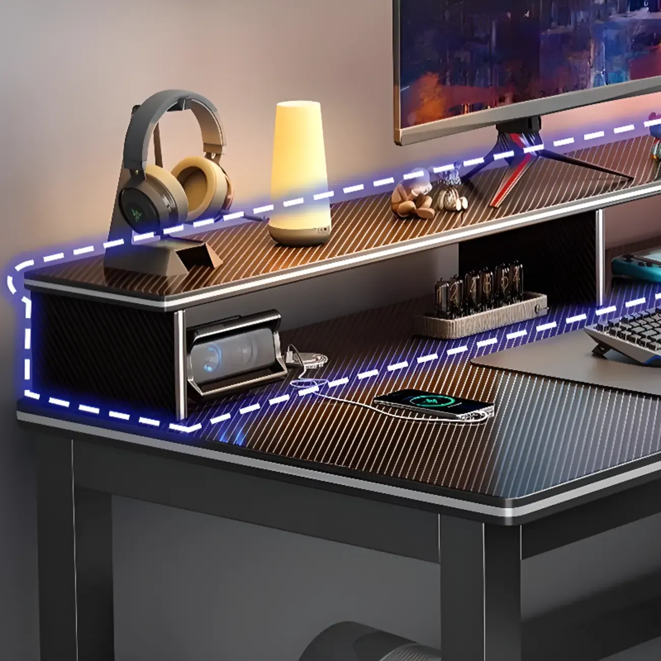 Modern Computer Desk with Shelves in Black & White Image - 13