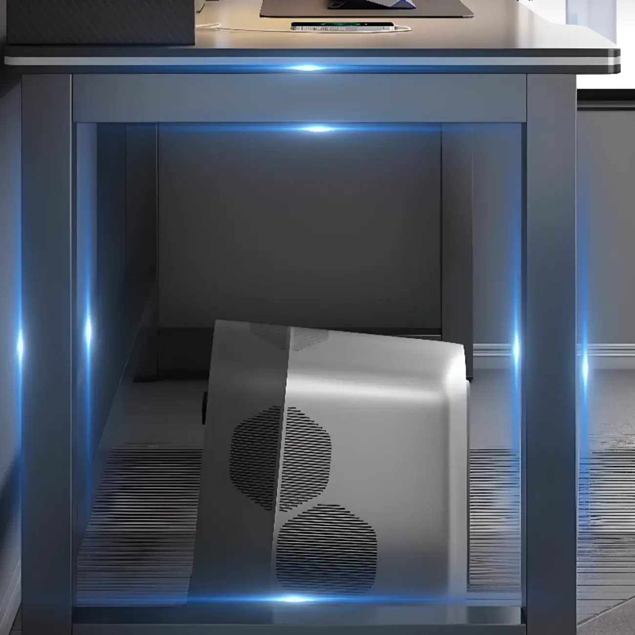 Modern Computer Desk with Shelves in Black & White Image - 14