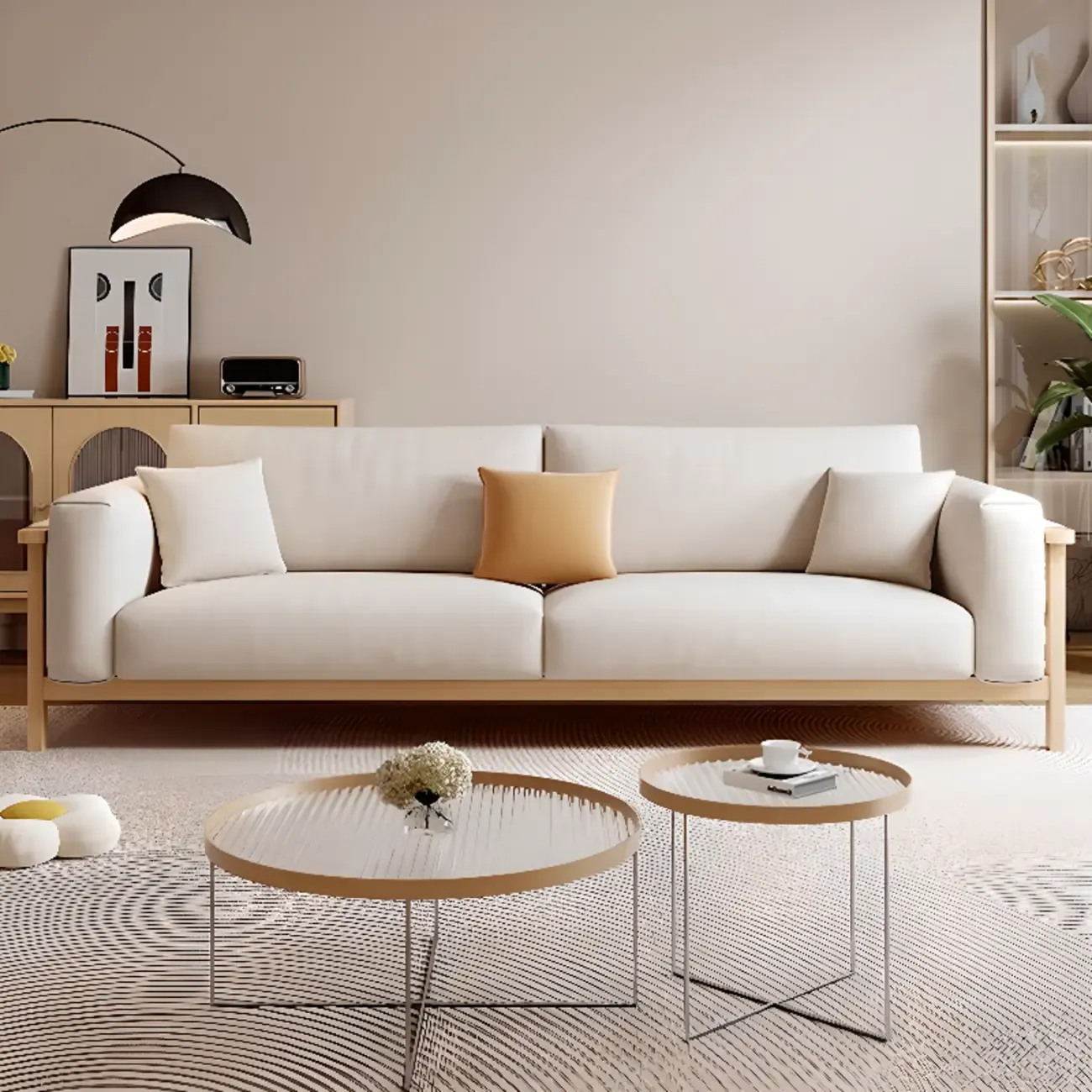 Modern Wooden Cream Parlor Sofa Loveseat for Drawing Room with Wide Pillow Back Image - 2