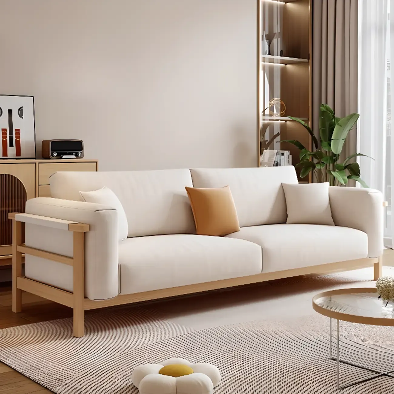 Modern Wooden Cream Parlor Sofa Loveseat for Drawing Room with Wide Pillow Back Image - 3