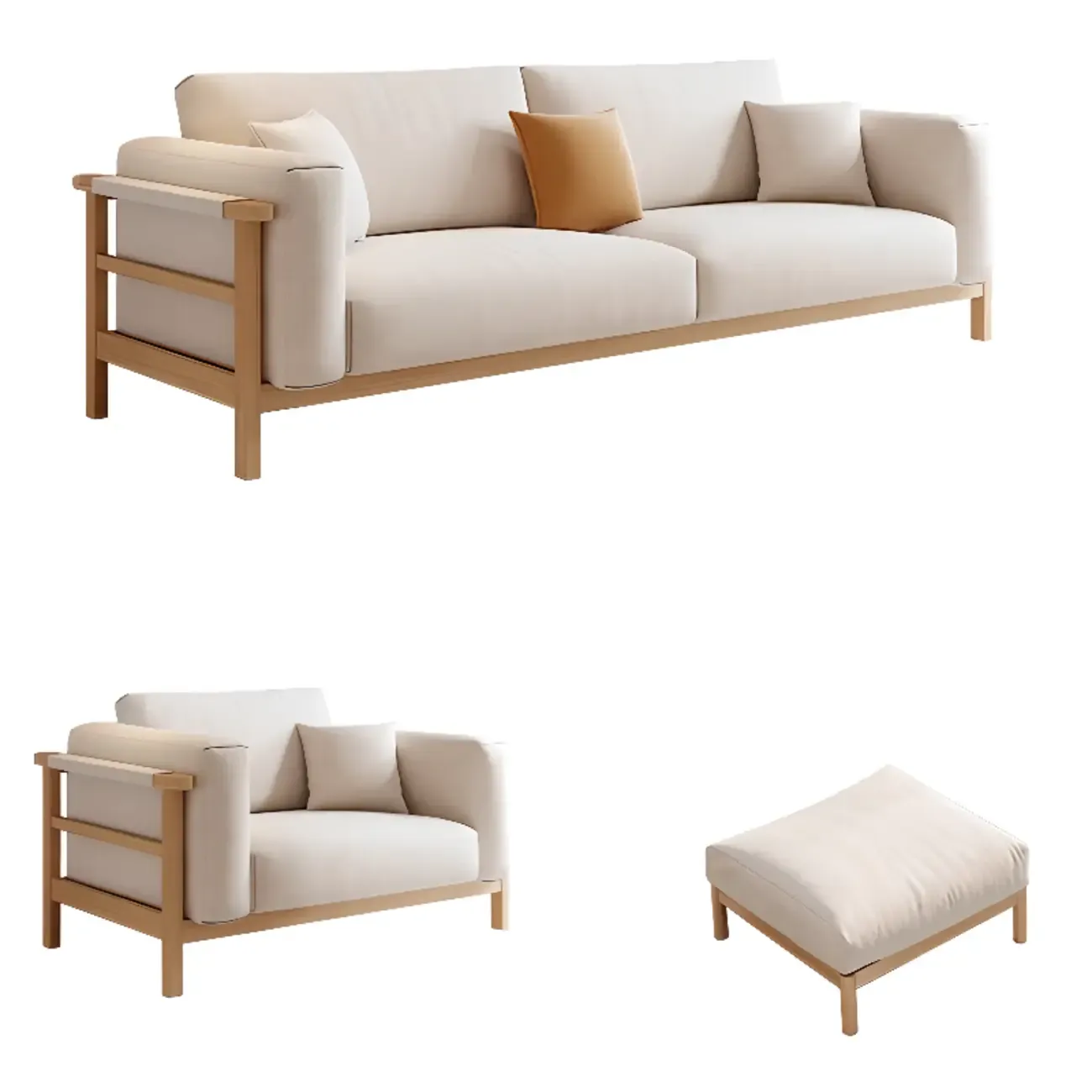 Modern Wooden Cream Parlor Sofa Loveseat for Drawing Room with Wide Pillow Back Image - 4