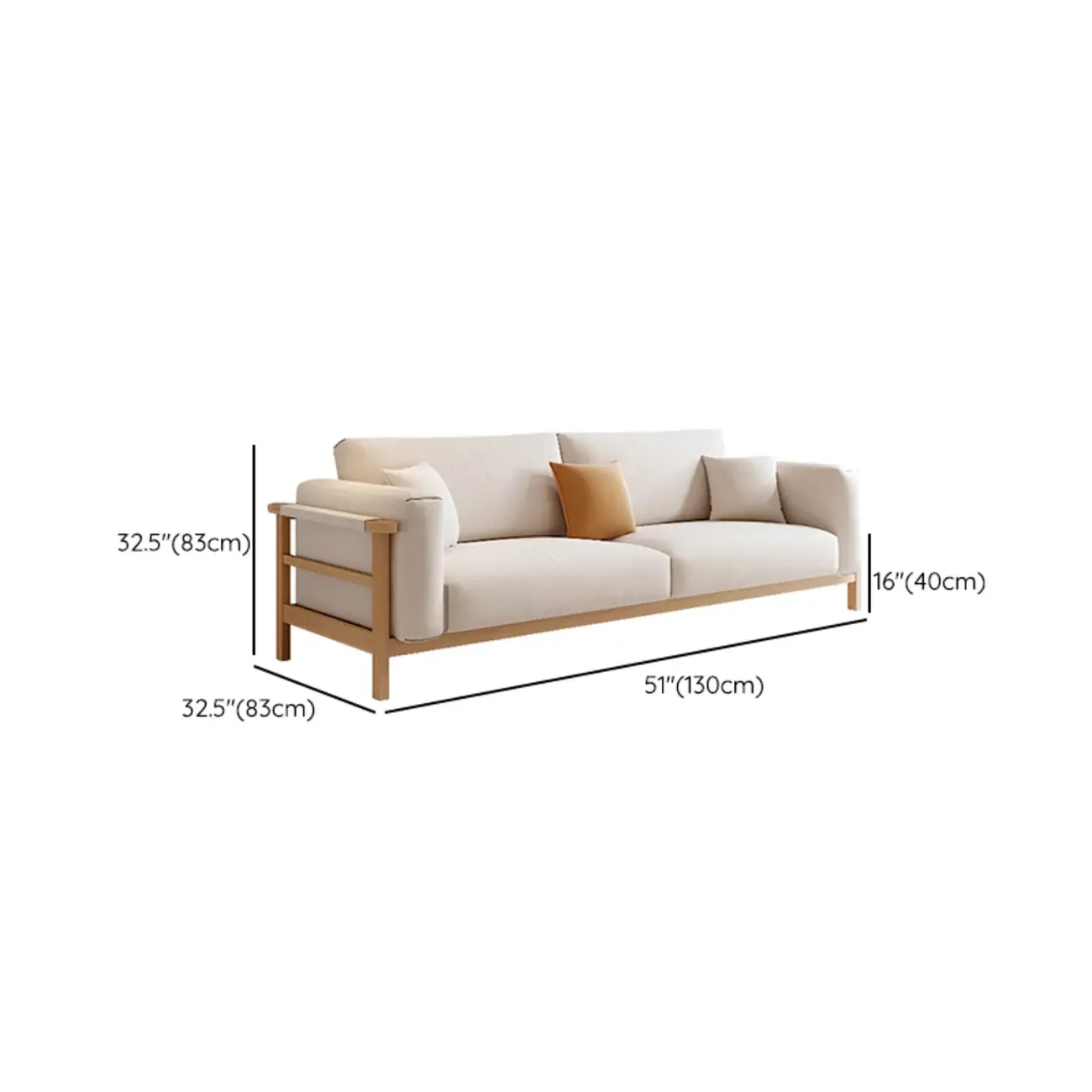 Modern Wooden Cream Parlor Sofa Loveseat for Drawing Room with Wide Pillow Back #size
