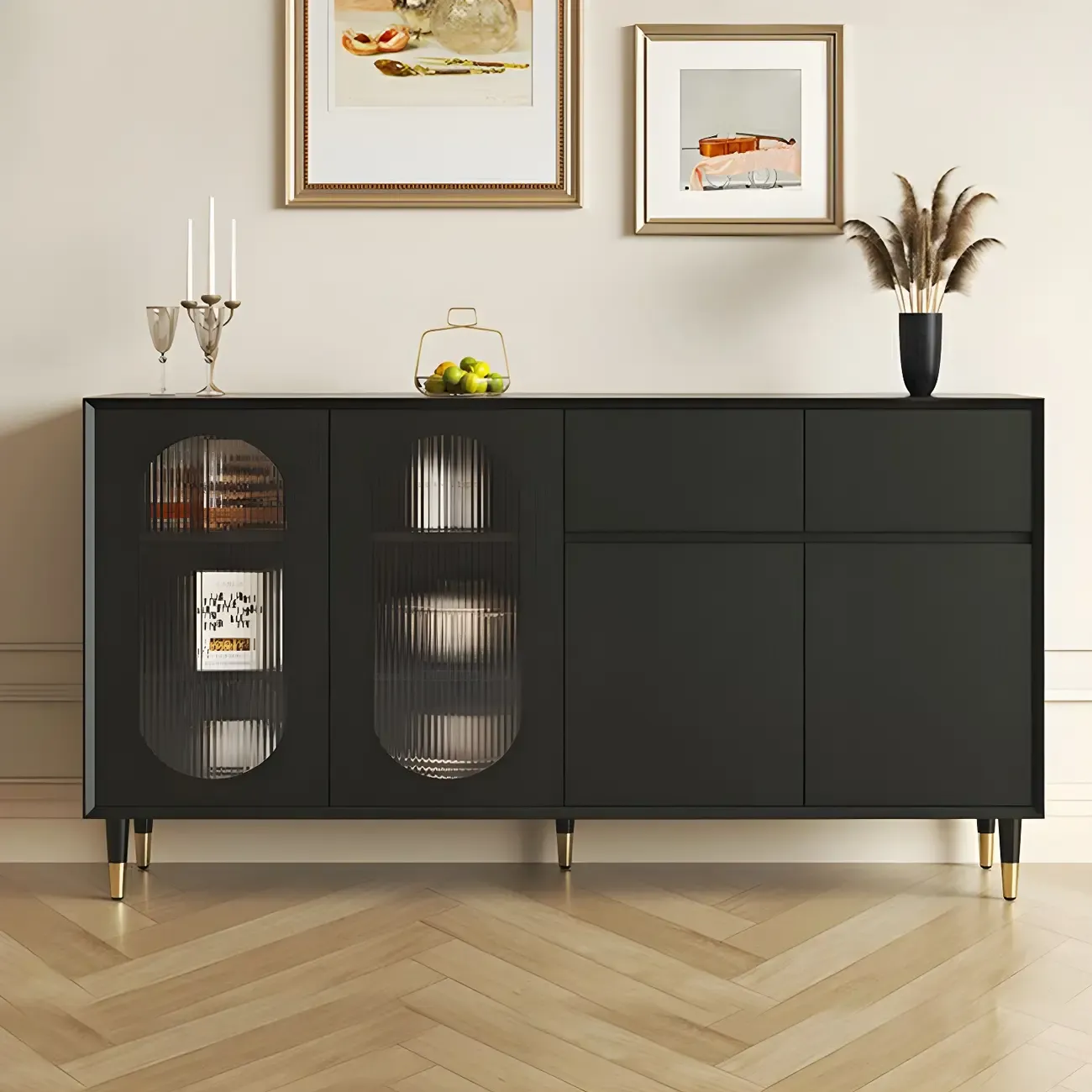 16"W Glam Wooden Sideboard with Glass Doors & Cabinets Image - 1