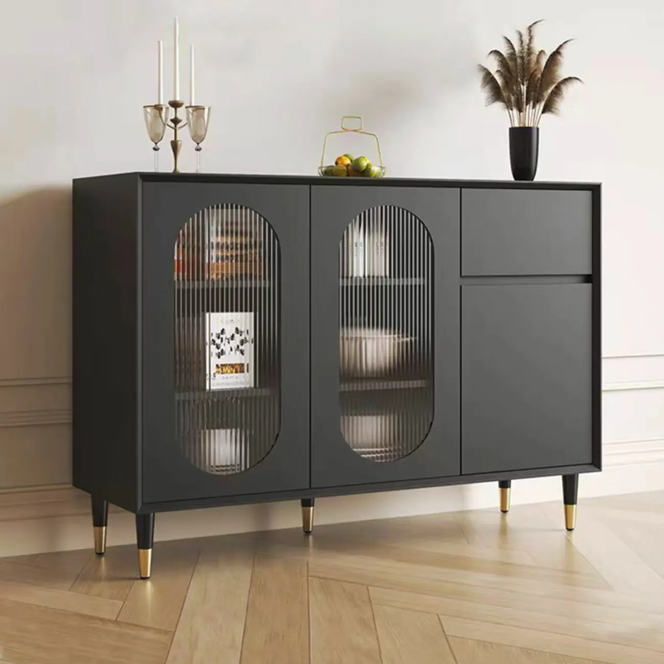 16"W Glam Wooden Sideboard with Glass Doors & Cabinets Image - 3 | homeyfad