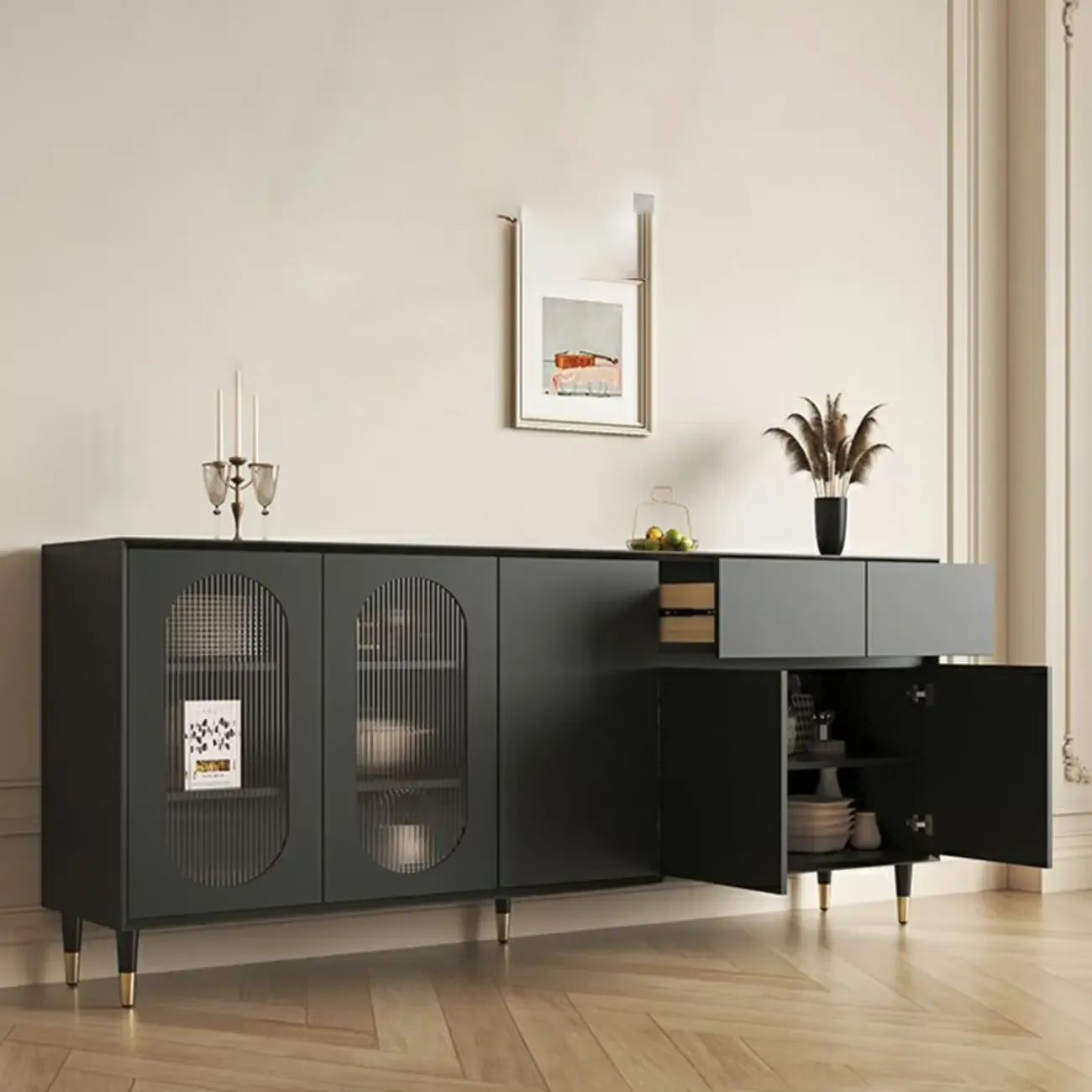 16"W Glam Wooden Sideboard with Glass Doors & Cabinets Image - 5