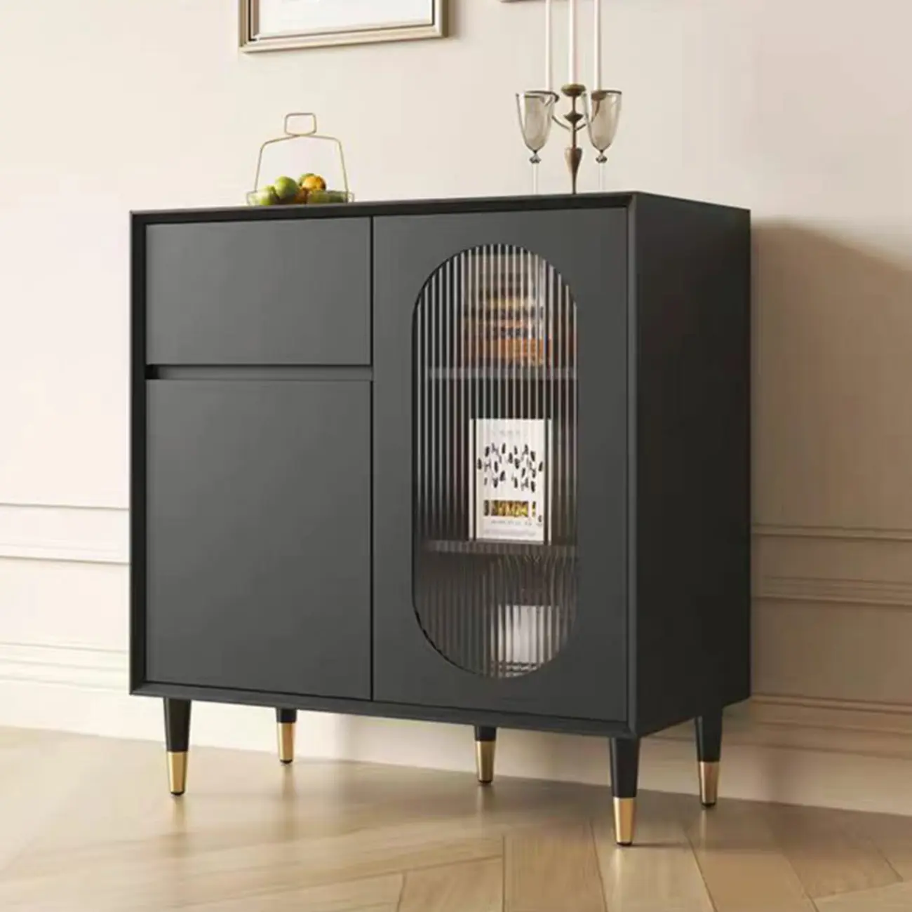 16"W Glam Wooden Sideboard with Glass Doors & Cabinets Image - 7 | homeyfad