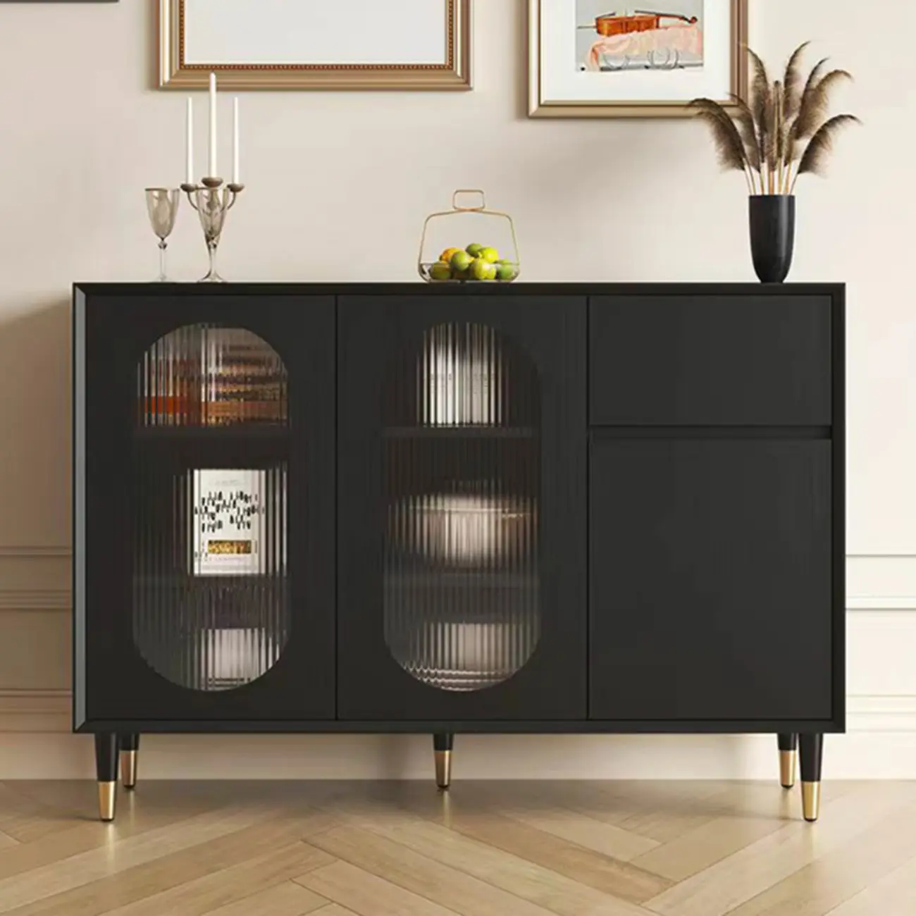 16"W Glam Wooden Sideboard with Glass Doors & Cabinets Image - 8 | homeyfad