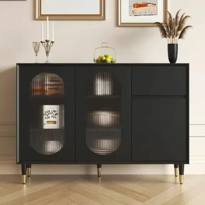 16"W Glam Wooden Sideboard with Glass Doors & Cabinets Image - 8
