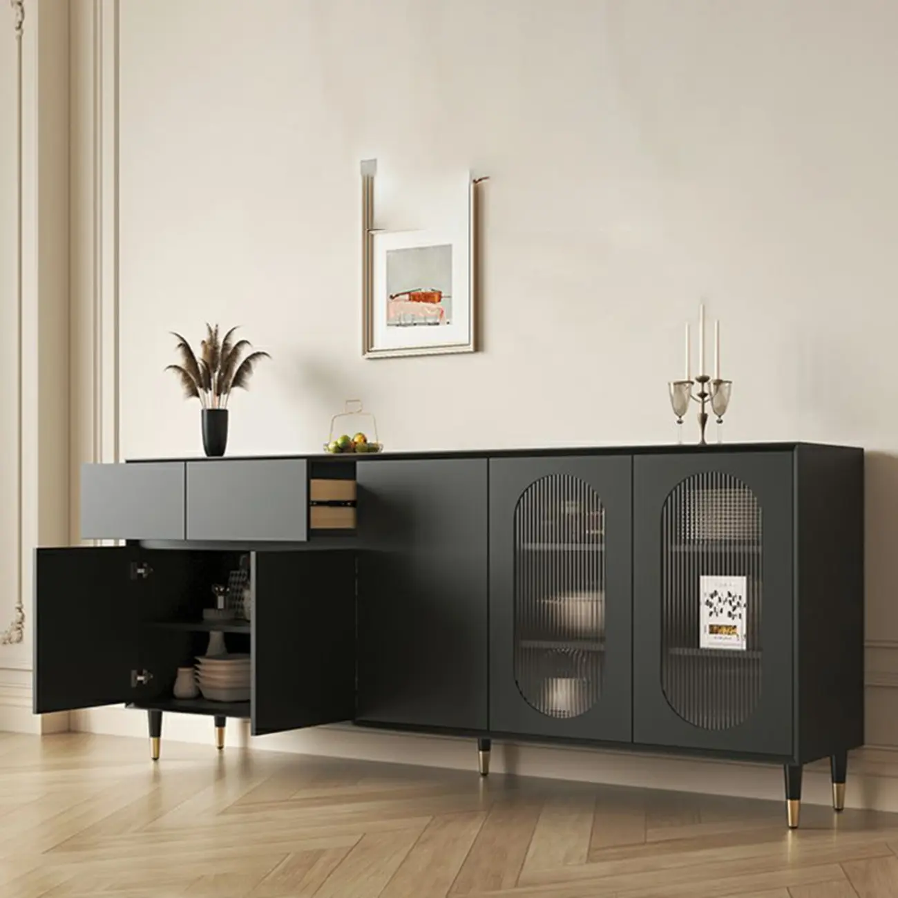 16"W Glam Wooden Sideboard with Glass Doors & Cabinets Image - 11 | homeyfad