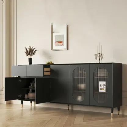 16"W Glam Wooden Sideboard with Glass Doors & Cabinets Image - 11