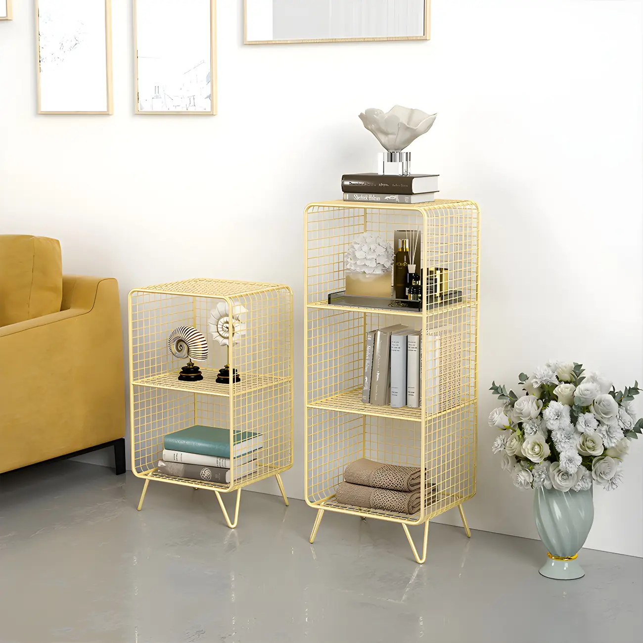 Casual Metal Wire Bedside Table in Yellow Open Shelves Storage Image - 1 | homeyfad
