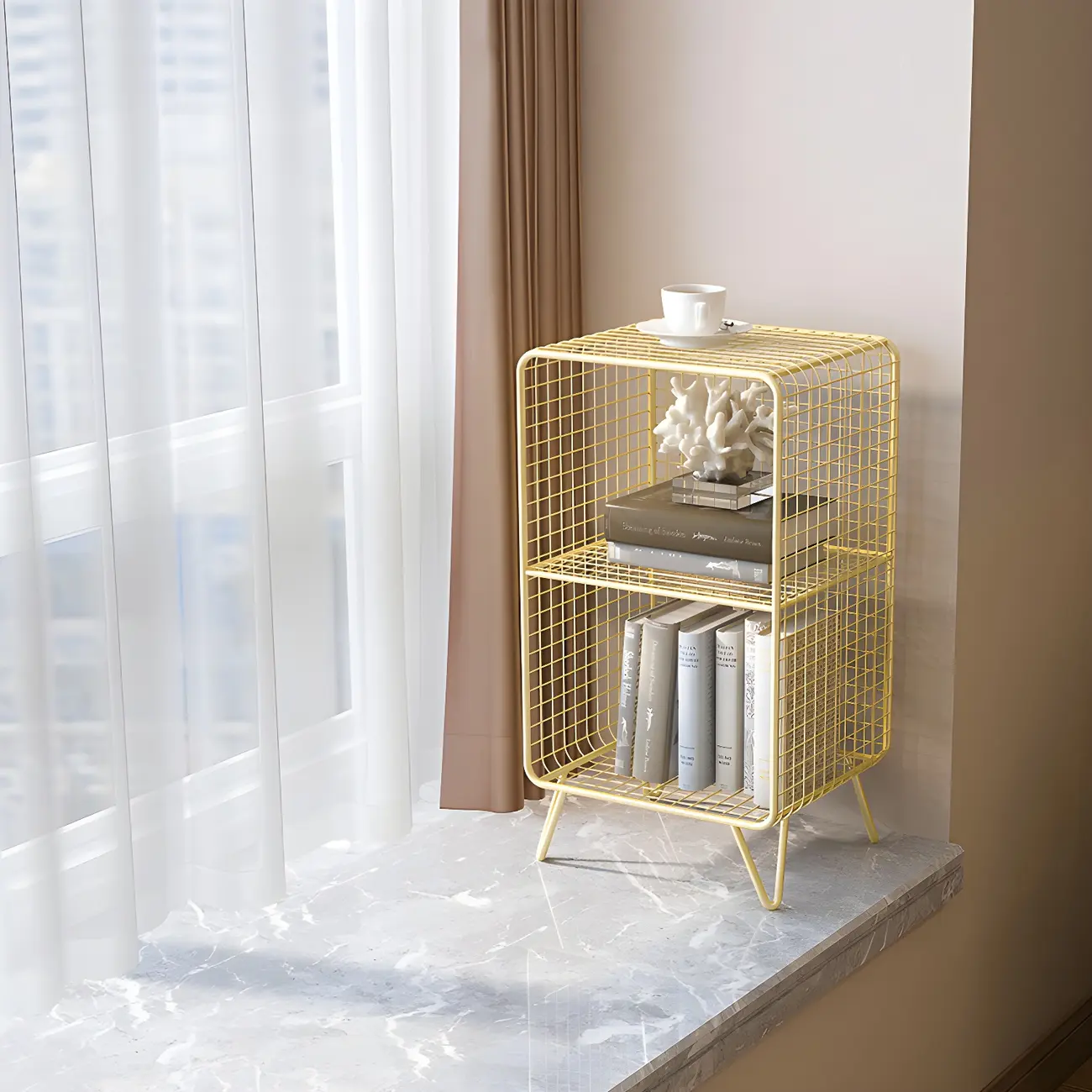Casual Metal Wire Bedside Table in Yellow Open Shelves Storage Image - 2 | homeyfad