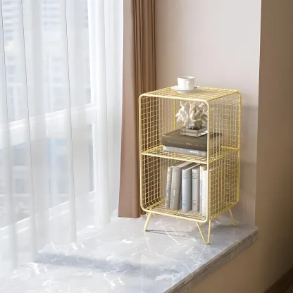 Casual Metal Wire Bedside Table in Yellow Open Shelves Storage Image - 2