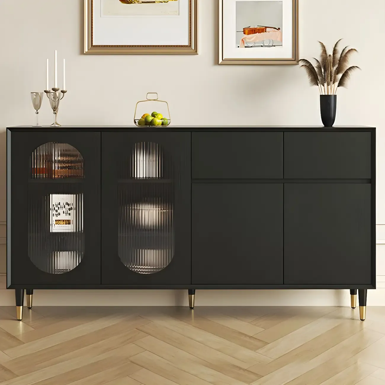 16"W Glam Wooden Sideboard with Glass Doors & Cabinets Image - 27