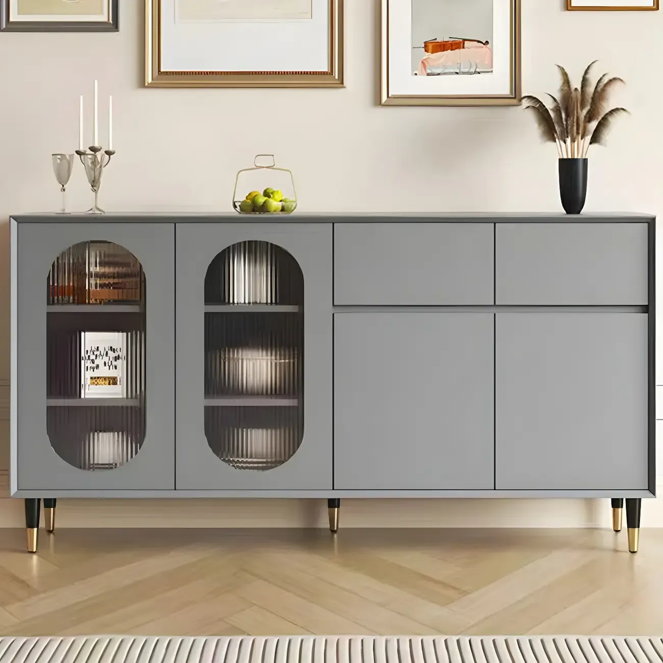 16"W Glam Wooden Sideboard with Glass Doors & Cabinets Image - 28