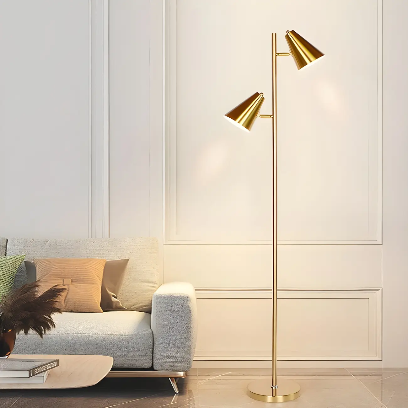 2-Light LED Tree Floor Lamp with Gold Finish for Living Room Image - 1 | homeyfad