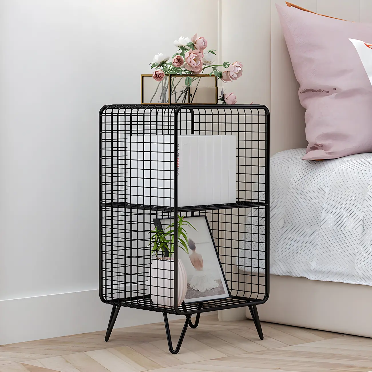 Casual Metal Wire Bedside Table in Yellow Open Shelves Storage Image - 16 | homeyfad