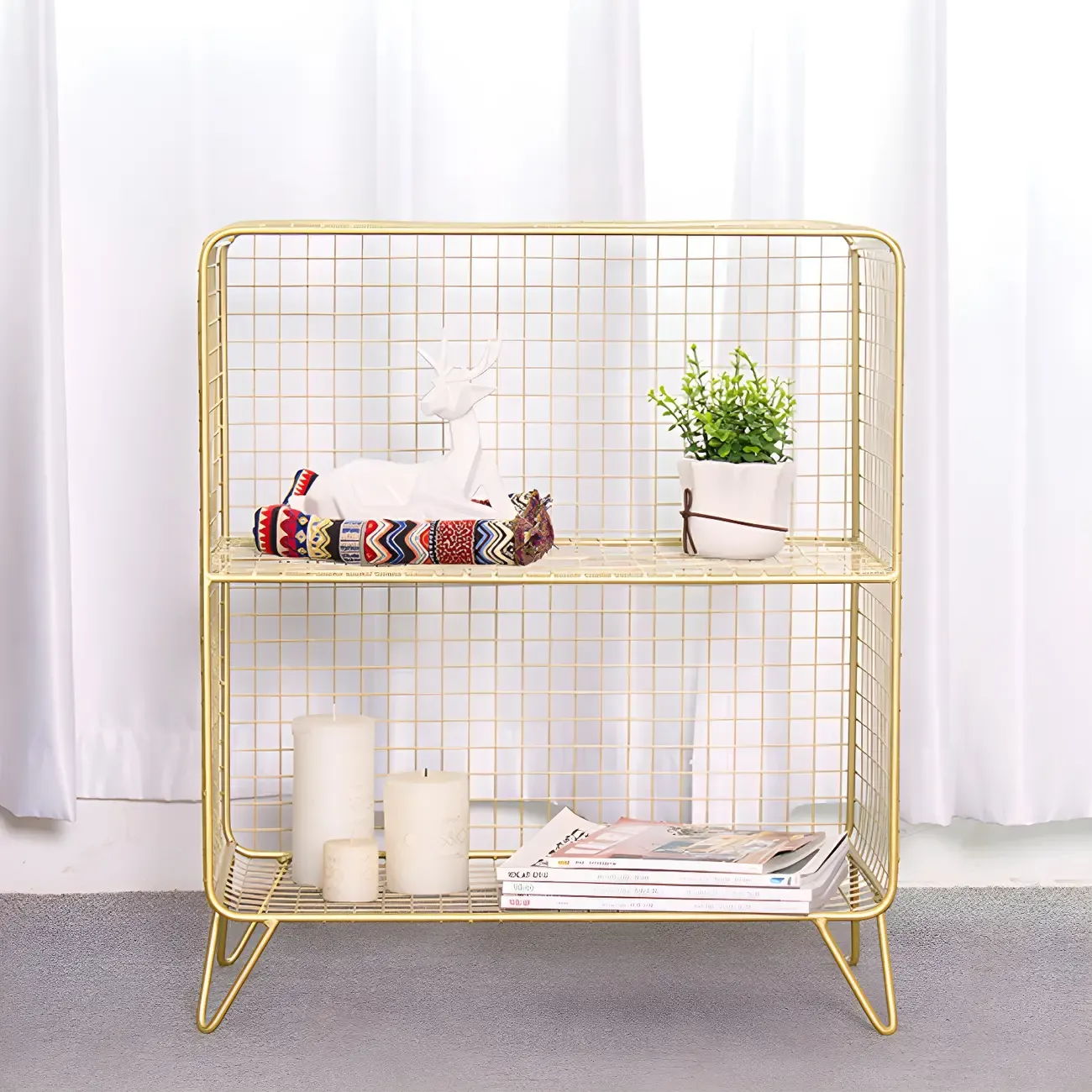 Casual Metal Wire Bedside Table in Yellow Open Shelves Storage Image - 18