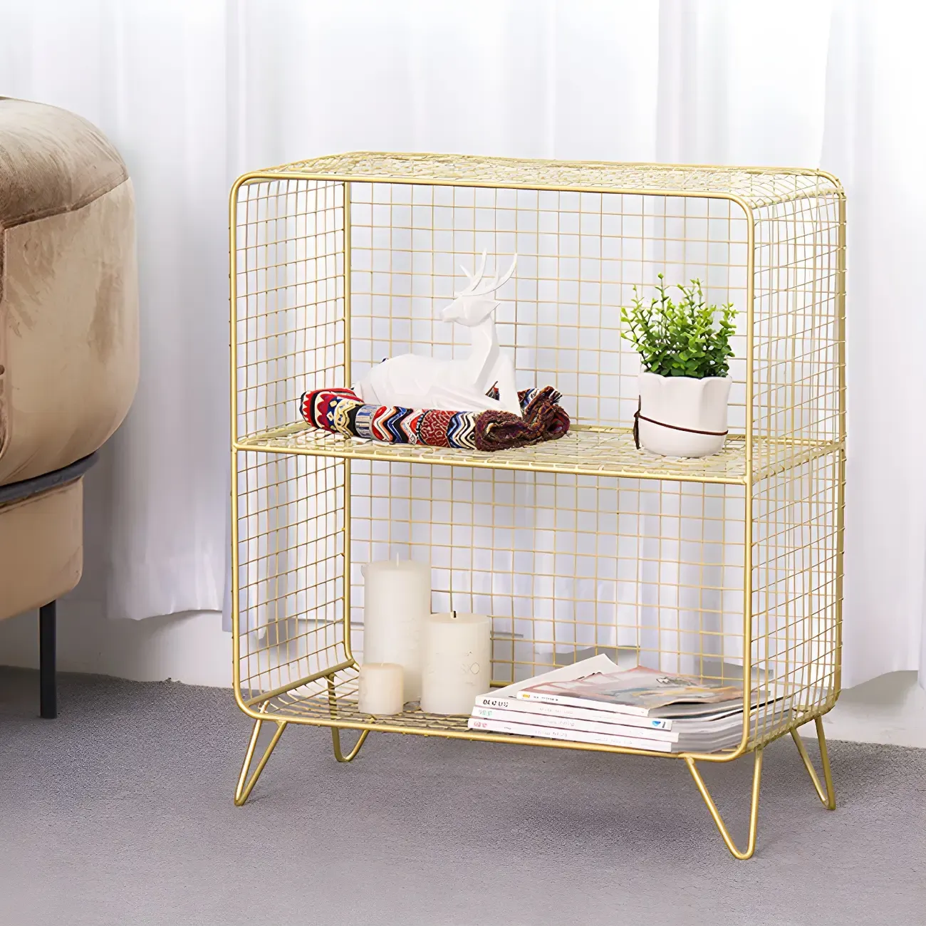 Casual Metal Wire Bedside Table in Yellow Open Shelves Storage Image - 19